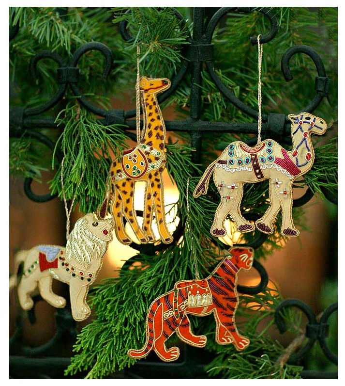 Hand Embroidered Safari Christmas Ornaments, Set of 4~Free Pouch